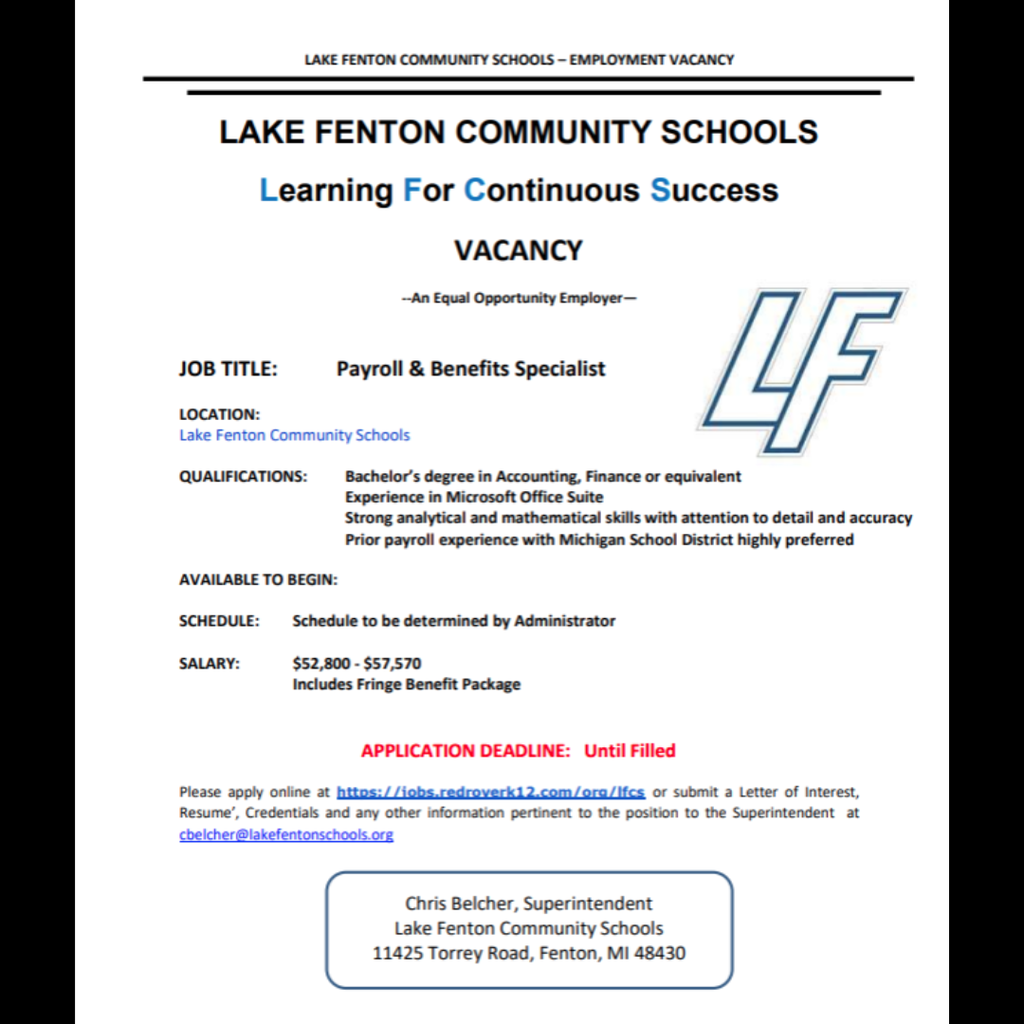 LFCS is looking for a Payroll & Benefits Specialist to join our LFCS team! See flyers for details and apply at: https://jobs.redroverk12.com/org/lfcs