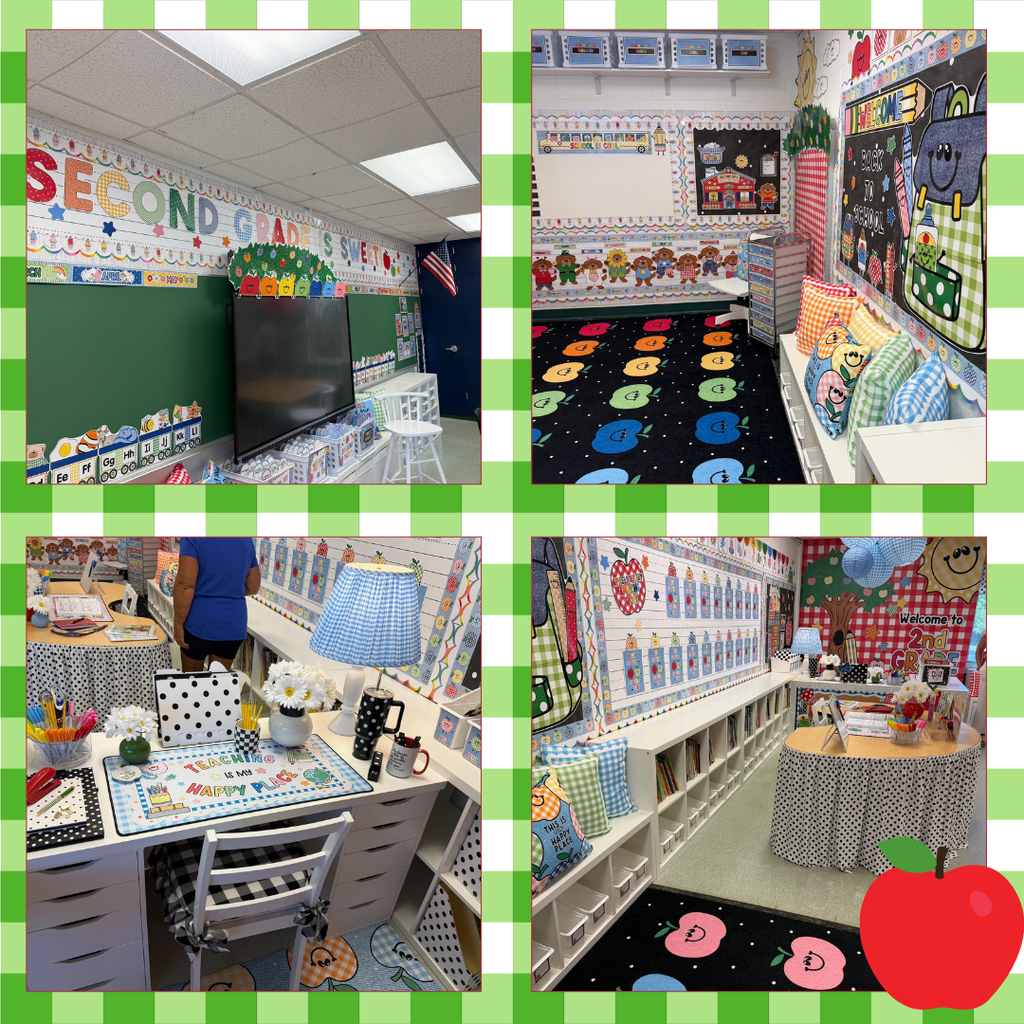 Pictures of a classroom decorated in red, green and yellow with gingham, sums and apples