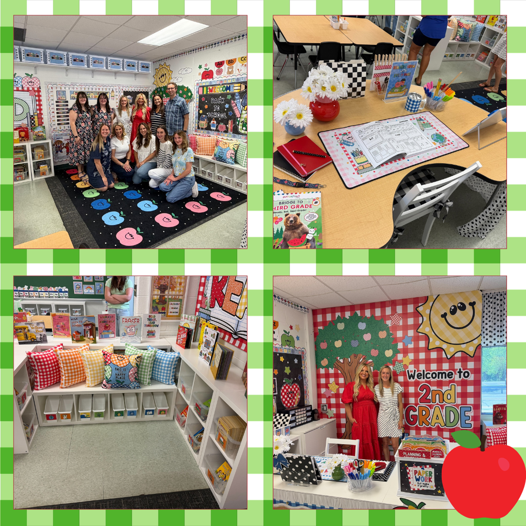 Pictures of a classroom decorated in red, green and yellow with gingham, sums and apples