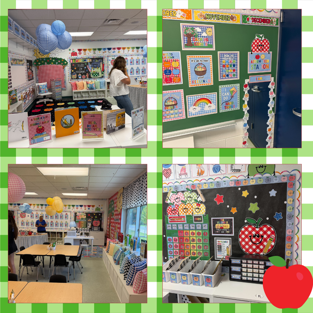 Pictures of a classroom decorated in red, green and yellow with gingham, sums and apples