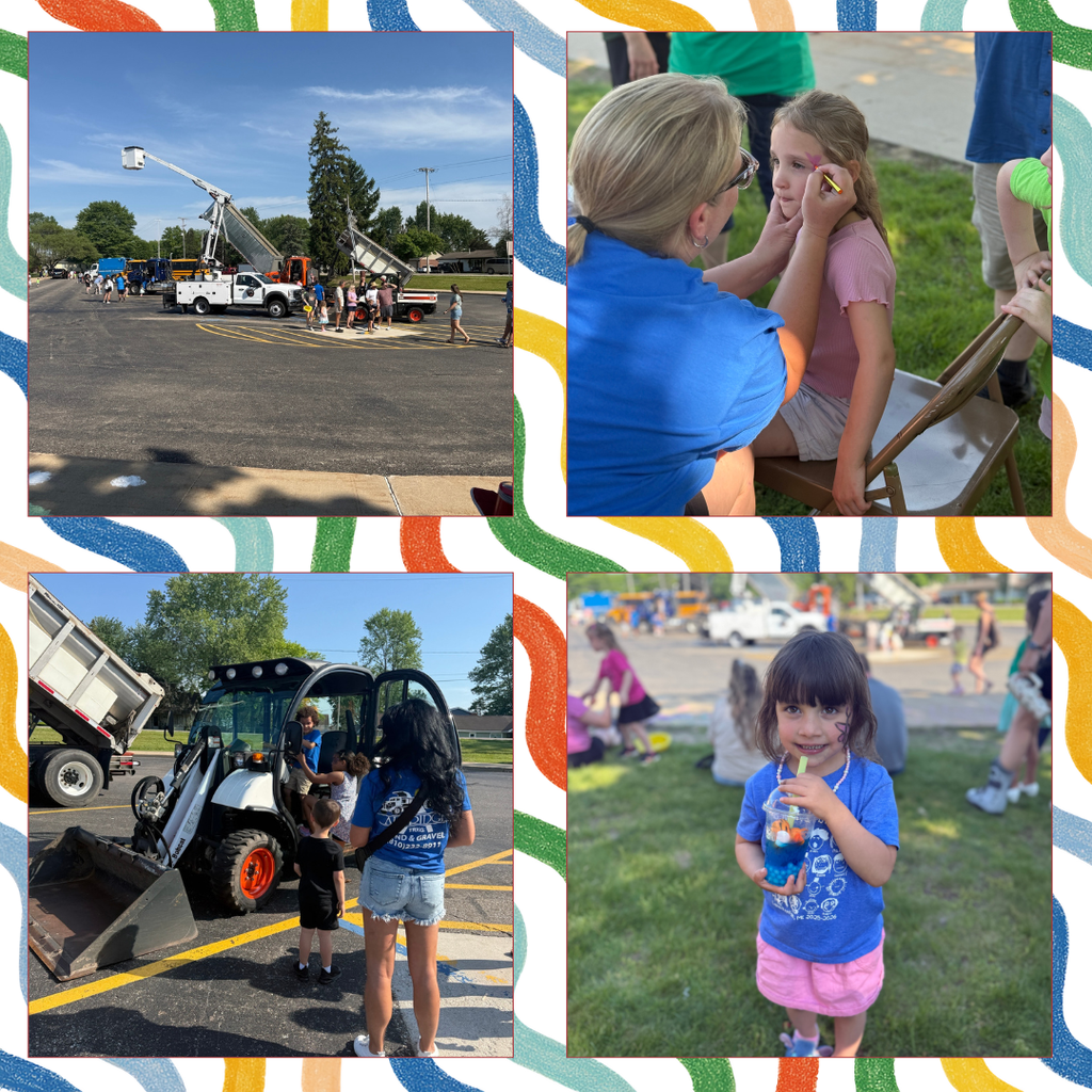 Pictures of children getting their face painted and looking at construction vehicles