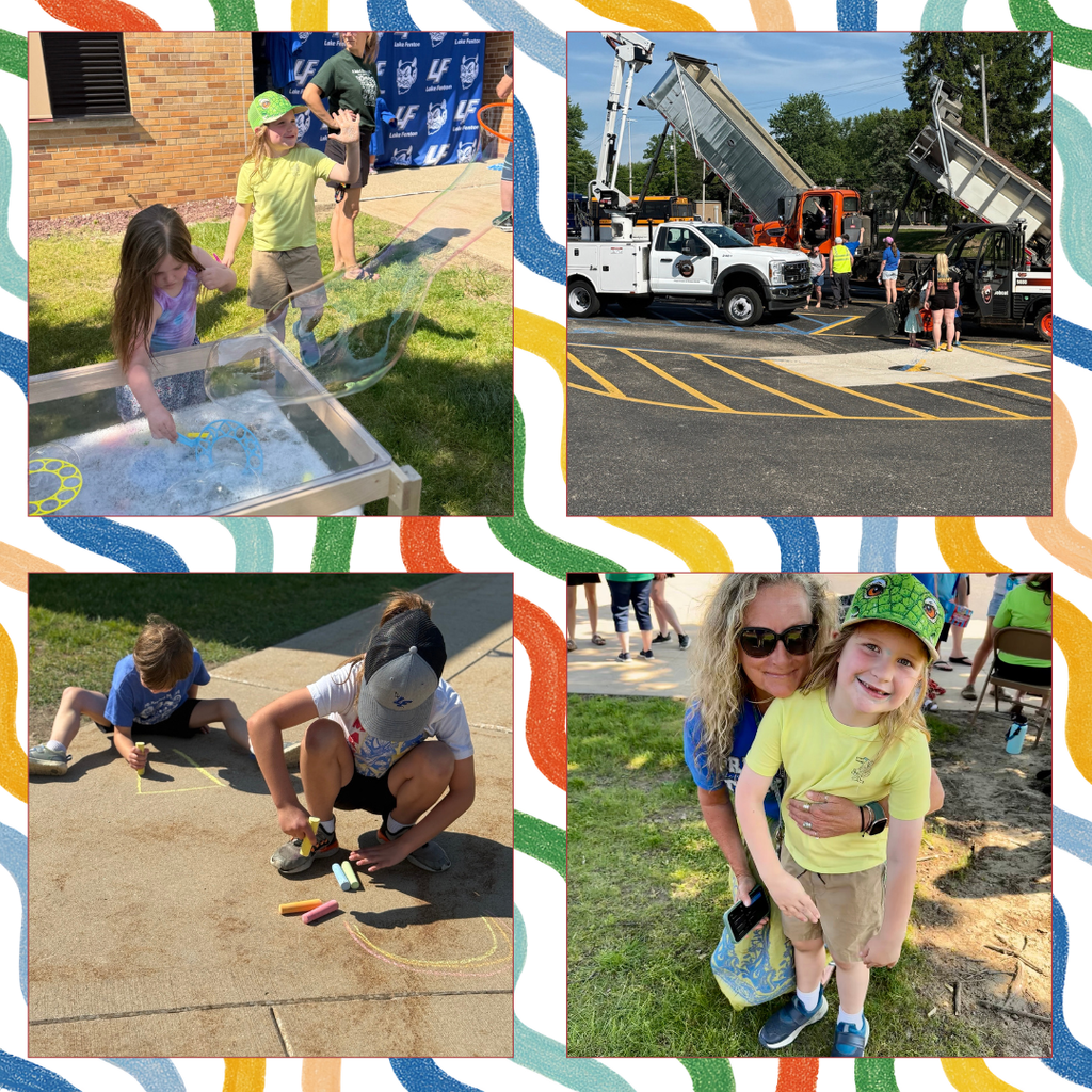 pictures of children posing with teachers, drawing with chalk, playing with bubbles and looking at construction vehicles