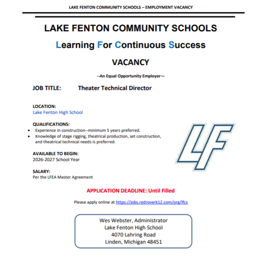 LFCS is looking for a Theater Technical Director to join our High School team! See flyers for details and apply at: https://jobs.redroverk12.com/org/lfcs