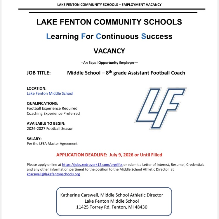LFCS is looking for an 8th Grade Assistant Football Coach to join our Middle School team! See flyers for details and apply at: https://jobs.redroverk12.com/org/lfcs   