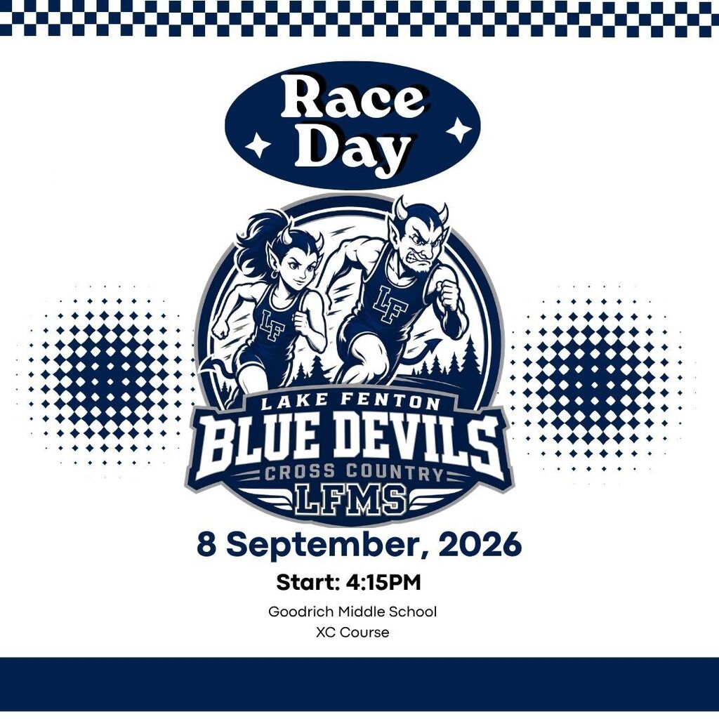 Two Blue Devil Cross Country Runners logo with 8 September, Start 4:15pm, Goodrich Middle School XC Course written underneath.