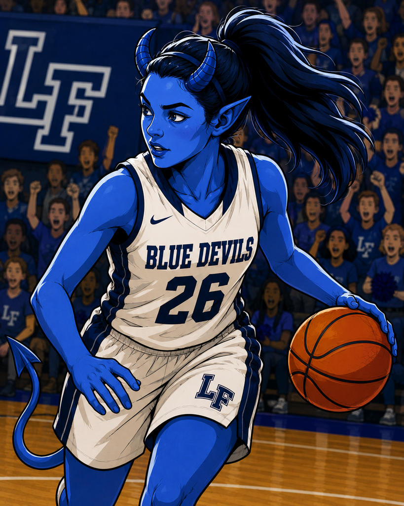 A female blue devil playing basketball.