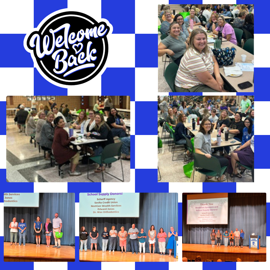 collage of pictures at a welcome back breakfast and people getting awards on a stage