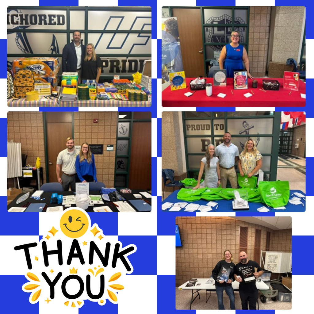 collage of pictures of people standing at tables with a thank you image