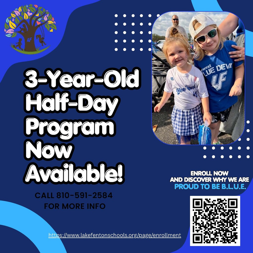 FELC is now accepting 3-year-olds for our morning half-day preschool program! Enroll today: https://www.lakefentonschools.org/page/enrollment or call 810-591-2584 for details.