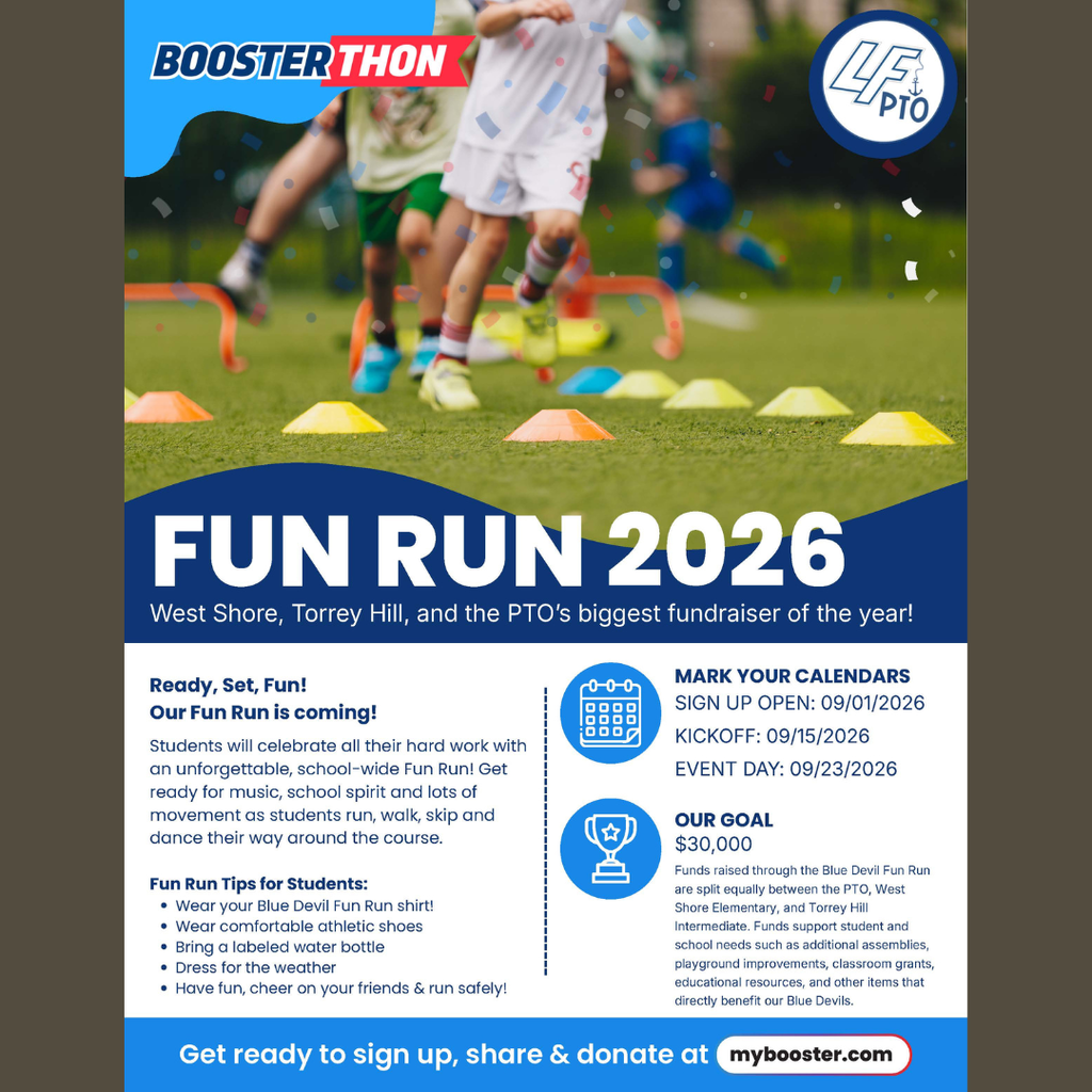 Image description: Lake Fenton PTO’s 2026 Blue Devil Fun Run is the PTO’s biggest fundraiser of the year, benefiting West Shore Elementary and Torrey Hill Intermediate. Sign-up opens September 1, kickoff is September 15, and the Fun Run is September 23, 2026. The fundraising goal is $30,000, with funds supporting student and school needs. Students should wear their Blue Devil Fun Run shirt and athletic shoes, bring a labeled water bottle, and dress for the weather. Sign up, share, or donate at https://mybooster.com