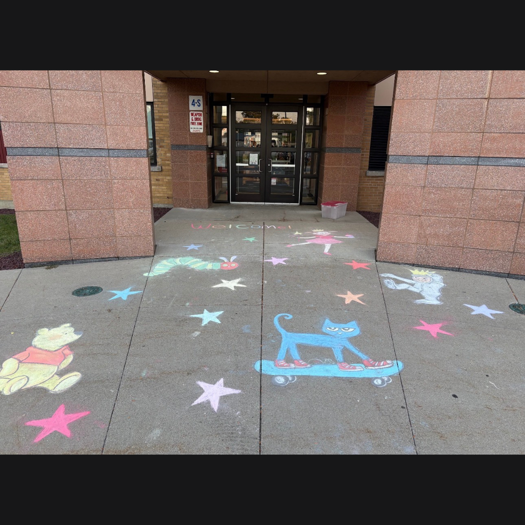 chalk drawings on sidewalk of characters from kids stories