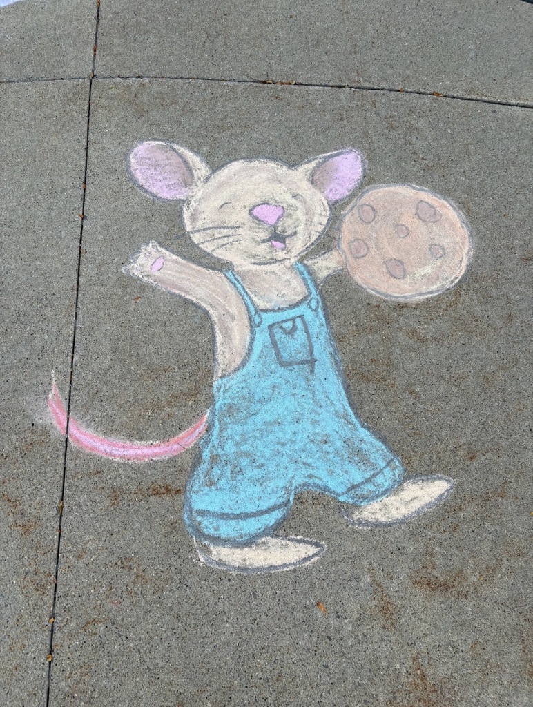 chalk drawing on sidewalk of the Mouse from If You Give a Mouse a Cookie