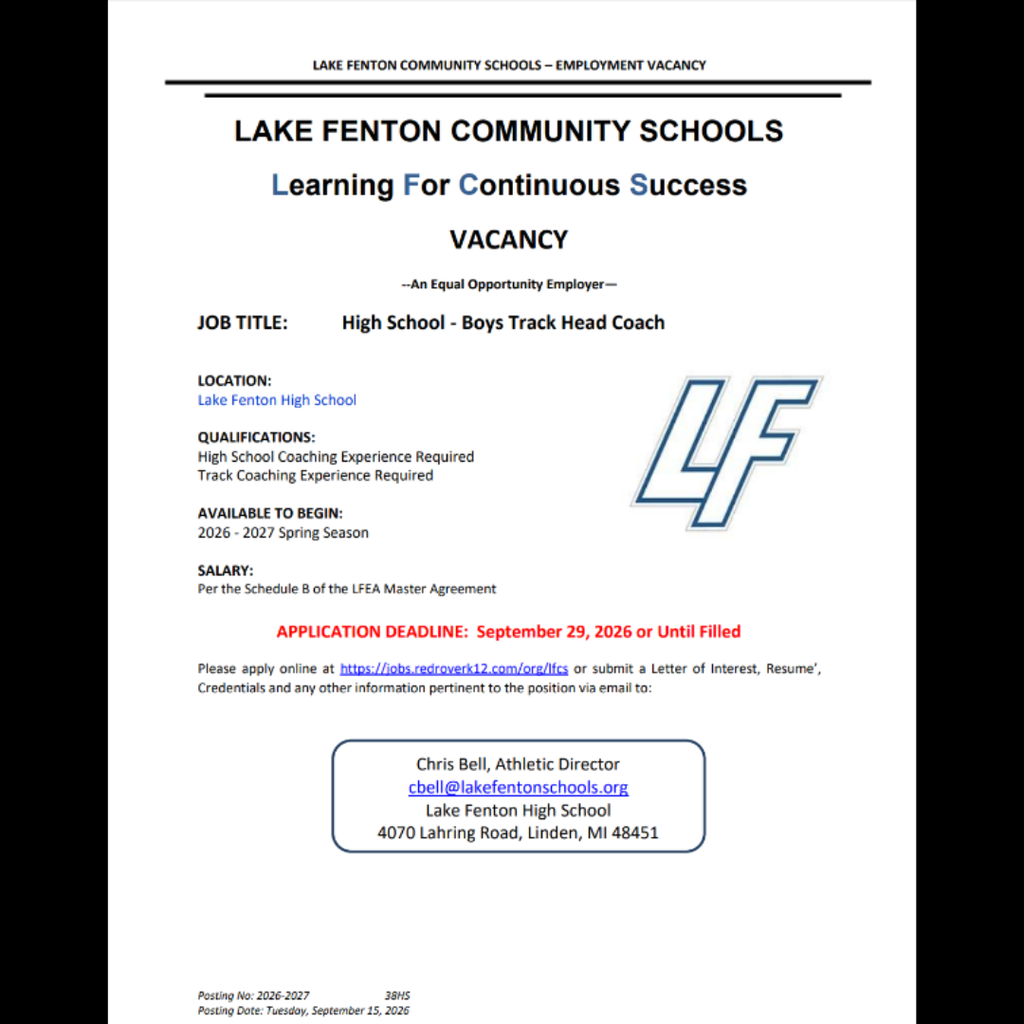 Lake Fenton Community Schools employment vacancy for a High School Academic Interventionist at Lake Fenton High School. The position is 29 hours per week at $21 per hour for the 2026–2027 school year. An associate’s degree or higher is required. Application deadline: September 29, 2026, or until filled. Apply at https://jobs.redroverk12.com/org/lfcs or contact Principal Wesley Webster at wwebster@lakefentonschools.org.