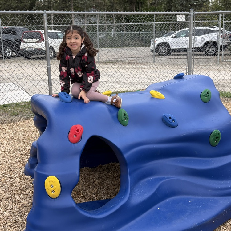 girl sitting on a blue climbing structure
