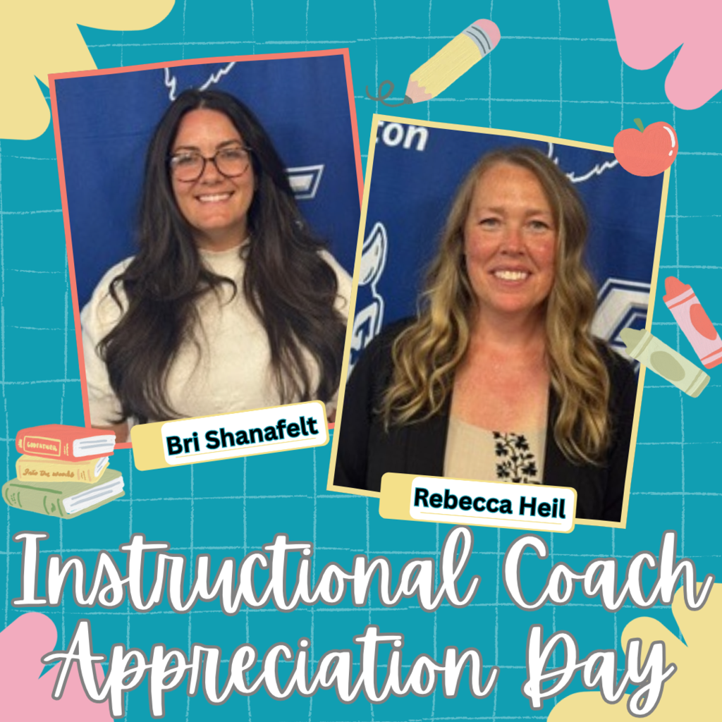 Instructional Coach Appreciation Day graphic featuring two smiling staff members in labeled portraits: Bri Shanafelt on the left, wearing glasses and a cream sweater, and Rebecca Heil on the right, wearing a black cardigan over a light top. Large text reads, “Instructional Coach Appreciation Day.” The teal grid background includes pastel shapes and illustrations of books, a pencil, an apple, and crayons.