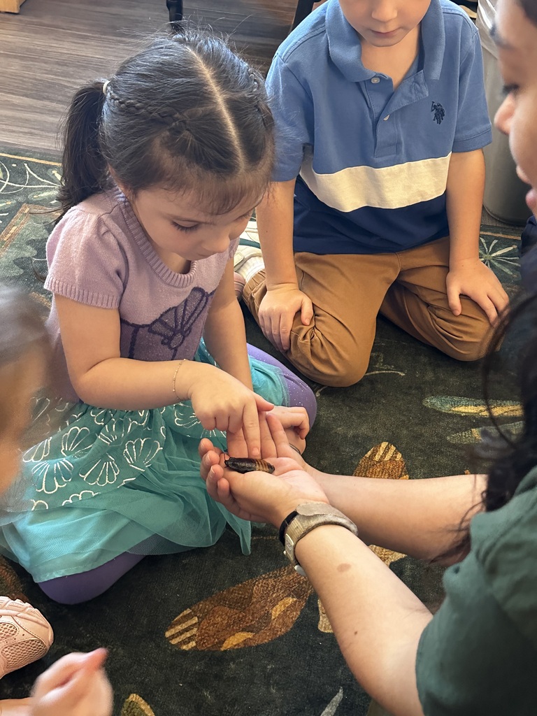 little girl petting a cockroach in a woman's hand