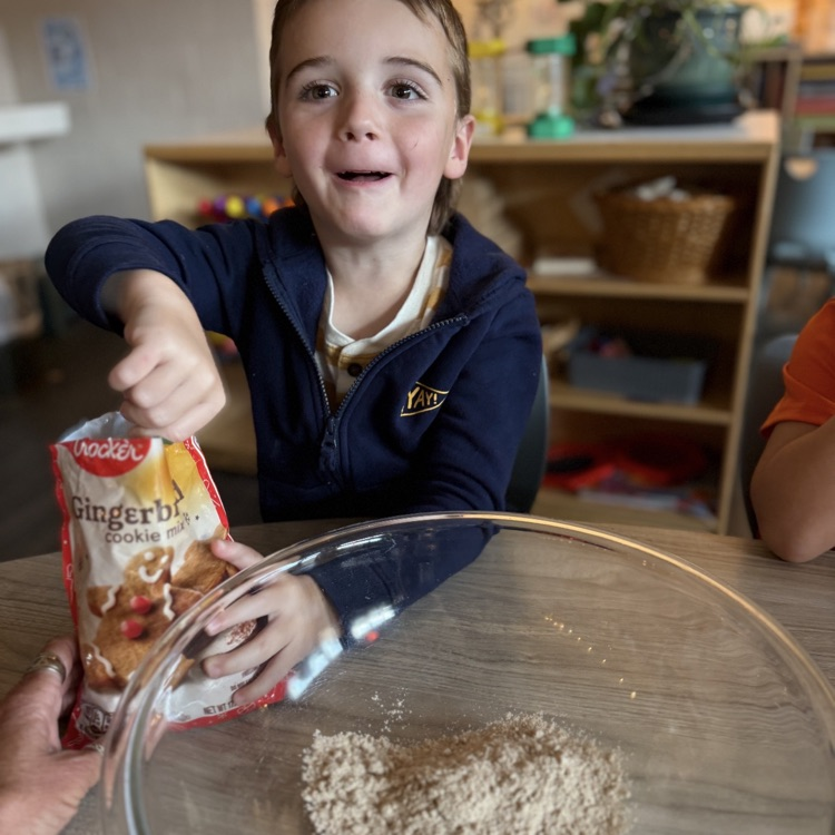 little boy putting gingerbread mix in a bowl