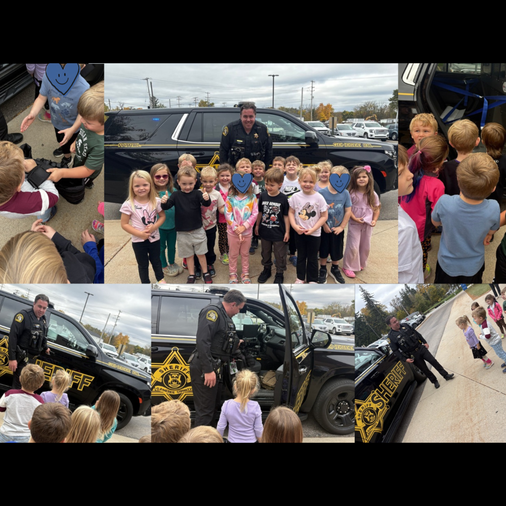 collage of photos of preschoolers standing with a police officer and his police vehicle