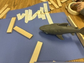 plastic shark on a blue piece of construction paper