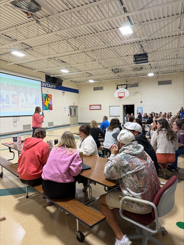 group of teachers in a school gym watching a presentation