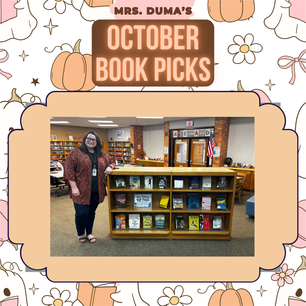 Mrs Dumas October Book Pics with a picture of a woman standing near a shelf of books.