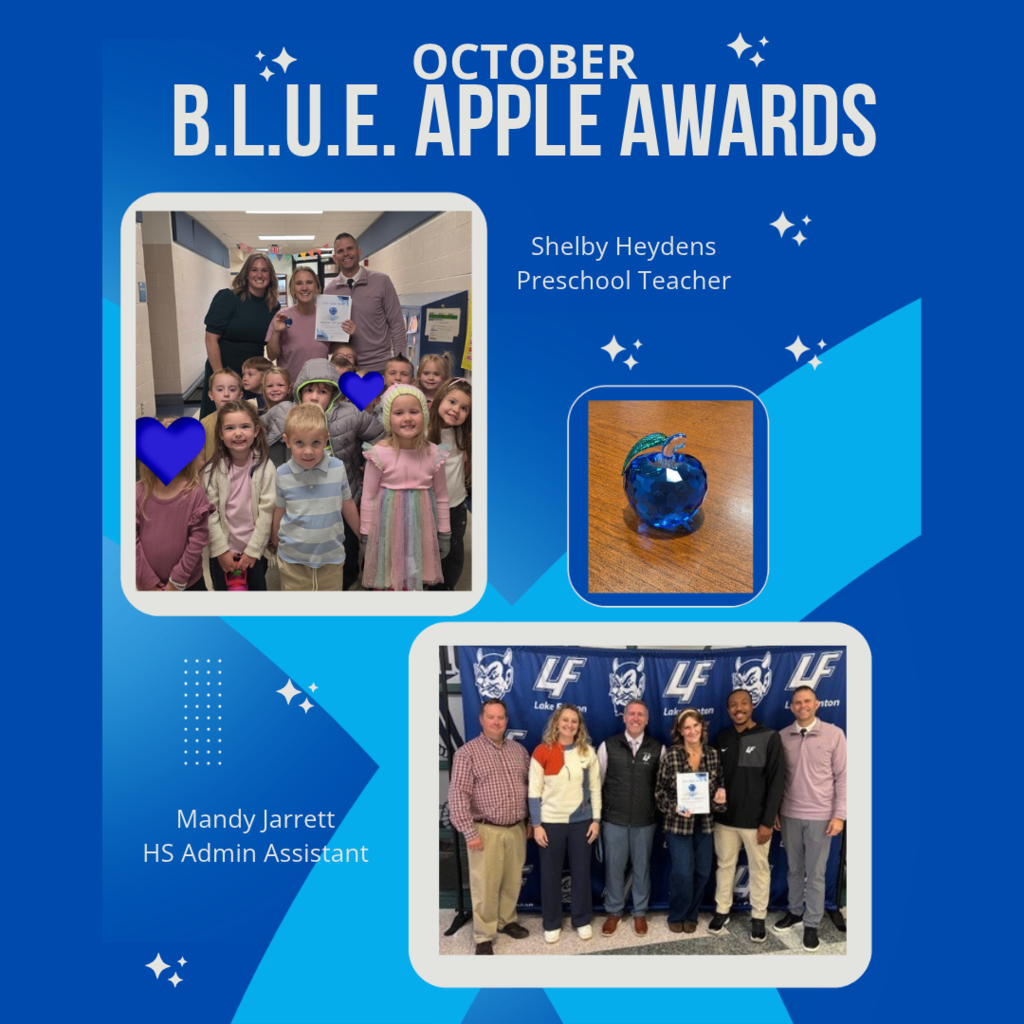 October BLUE apple Award winners- SHelby Heydens, preschool teacher and Mandy Jarrett HS Admin Assistant