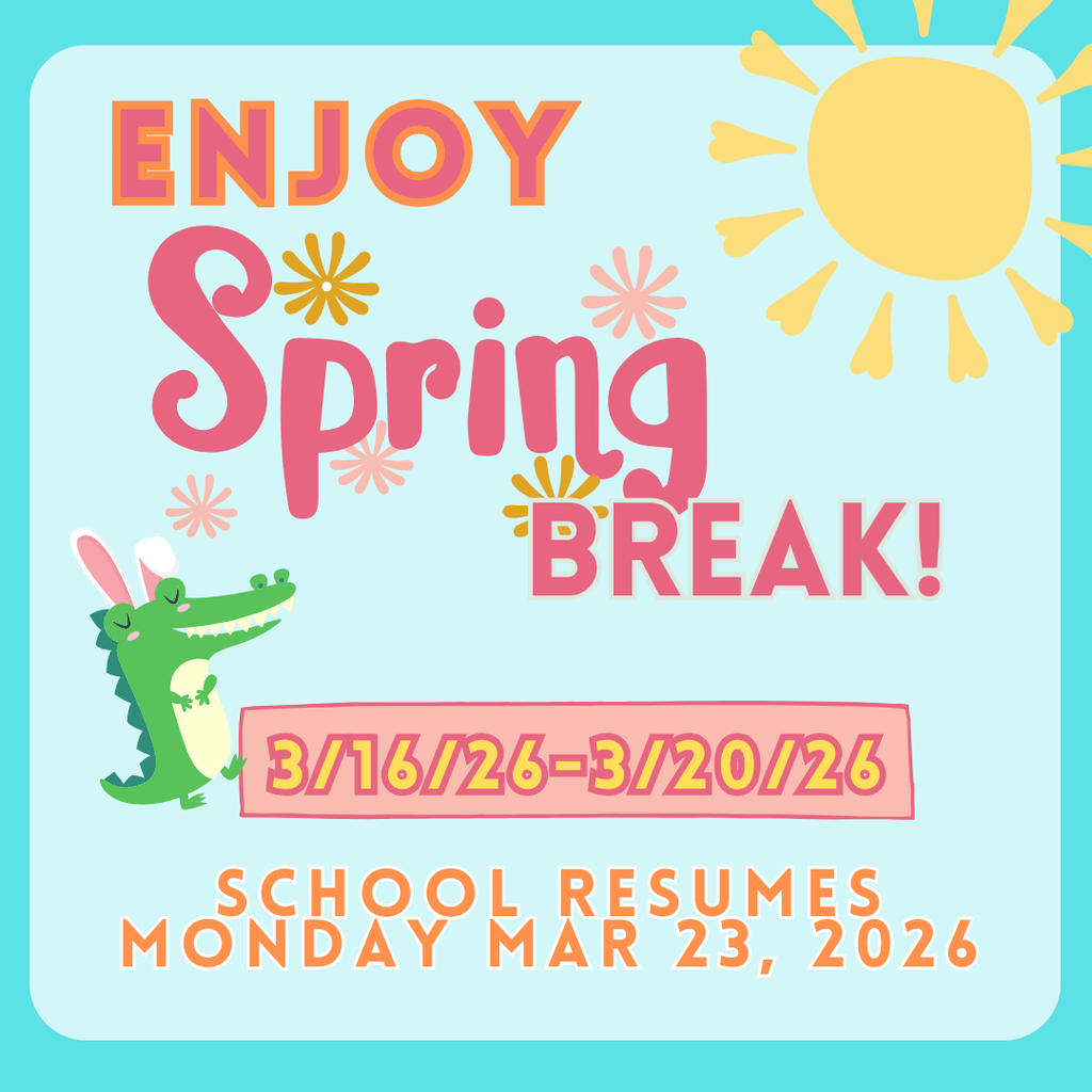 🌸☀️ Spring Break is Almost Here! ☀️🌸 Jamaica Elementary will be on Spring Break from March 16–20, 2026! 🎉 📚✨ There will be no school during this time. 🗓️ School resumes on Monday, March 23, 2026. We hope our Crocs enjoy a fun, safe, and relaxing break with family and friends! 💚🐊