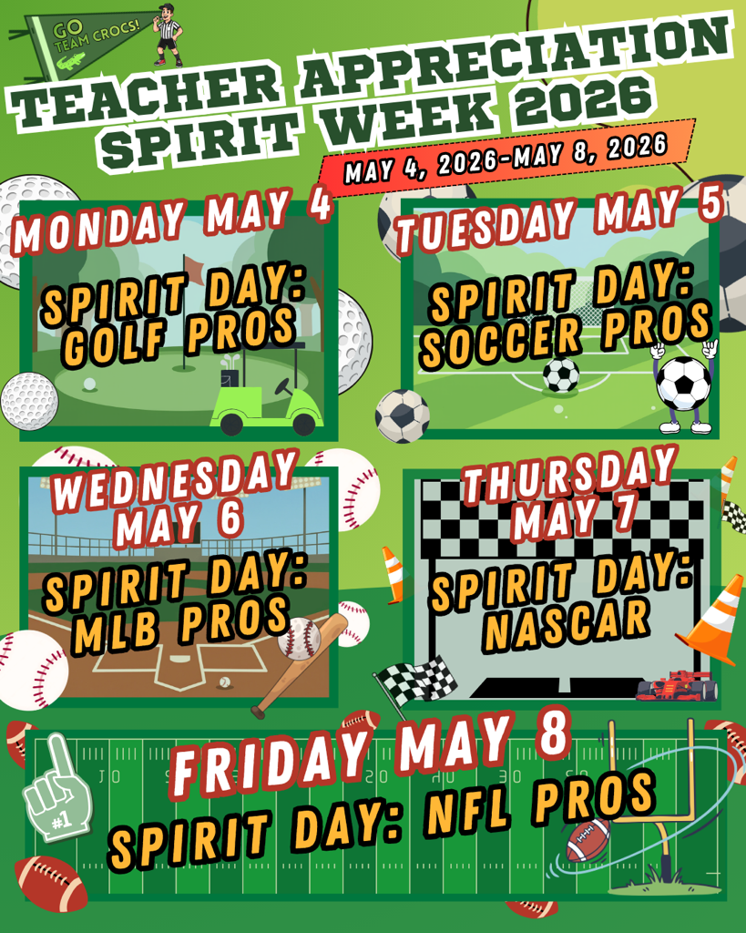 🎉 Teacher Appreciation Spirit Week 2026 is Coming! 🎉 Get ready for a full week of fun, celebration, and school spirit!  📅 Monday, May 4 – Friday, May 8, 2026 👕 FREE DRESS for Students Teachers & Staff All week!  Join us as we Celebrate our amazing Teachers and show off Your School Spirit: ⛳ Monday – Golf Pros ⚽ Tuesday – Soccer Pros ⚾ Wednesday – MLB Pros 🏁 Thursday – NASCAR 🏈 Friday – NFL Pros  Let’s make it a week to remember! 🙌