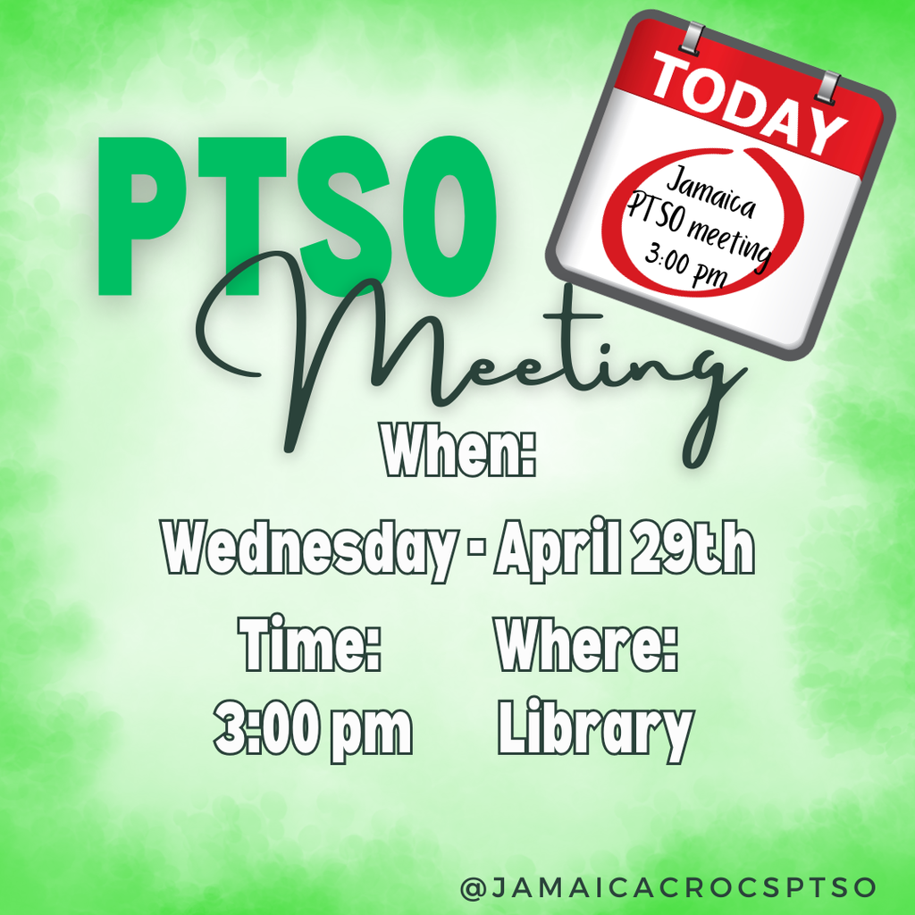 PTSO Meeting Reminder! 🐊  📅 April 29 ⏰ 3:00 PM 📍 Library  All are welcome—hope to see you there! 💚