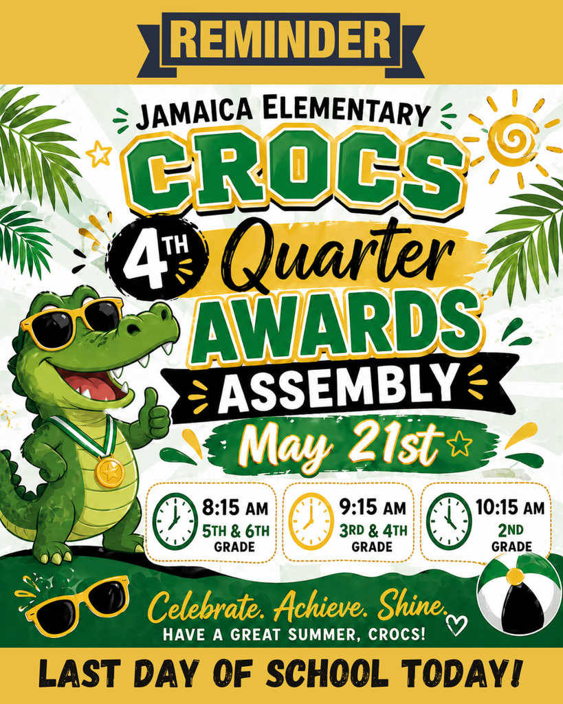 Join us Today for the 4th Quarter Awards Assembly as we honor our students’ accomplishments. 📅 May 21st ⏰ 8:15 AM – 5th & 6th Grade ⏰ 9:15 AM – 3rd & 4th Grade ⏰ 10:15 AM - 2nd Grade We can’t wait to recognize our students and end the year on a high note! 🎓✨ Last Day of School Today ~ Hello Summer!!