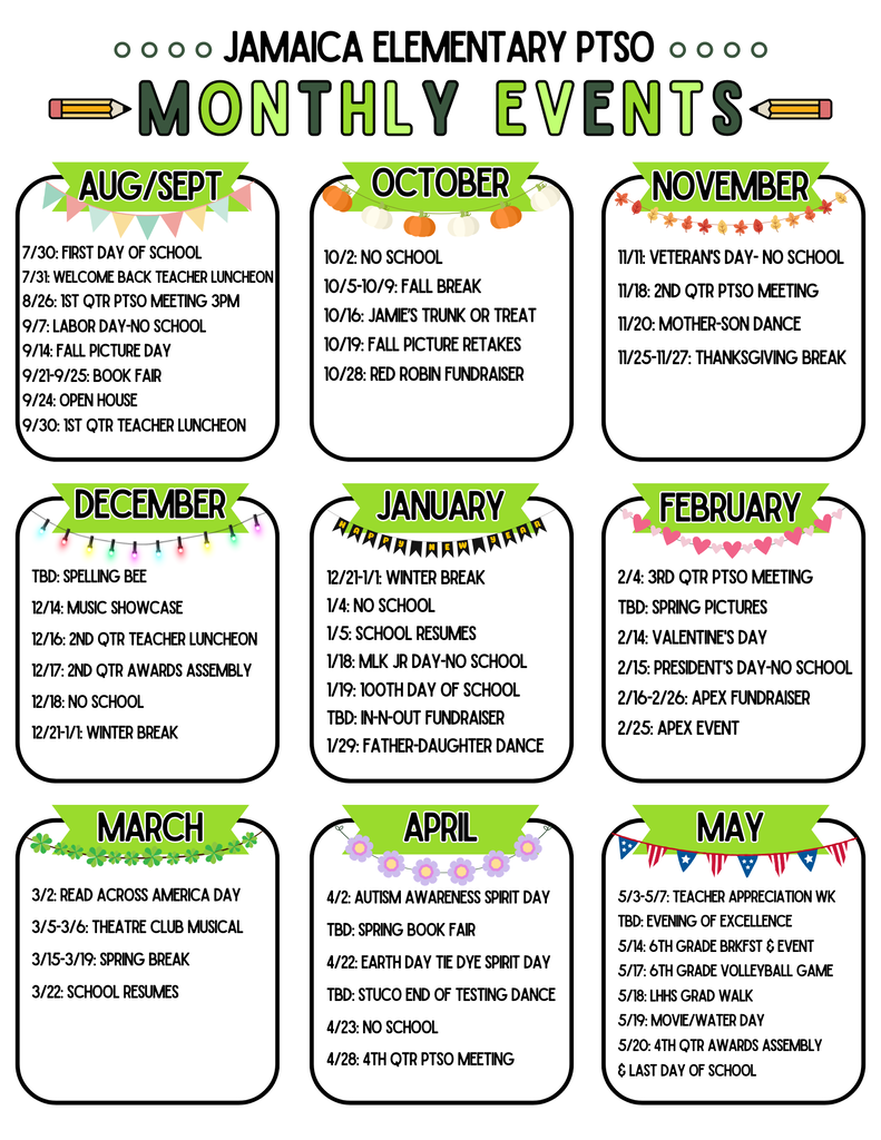 Jamaica Elementary Monthly Calendar