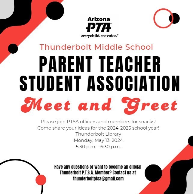 PTSA Meet and Greet. May 13th at 5:30-6:30 p.m.