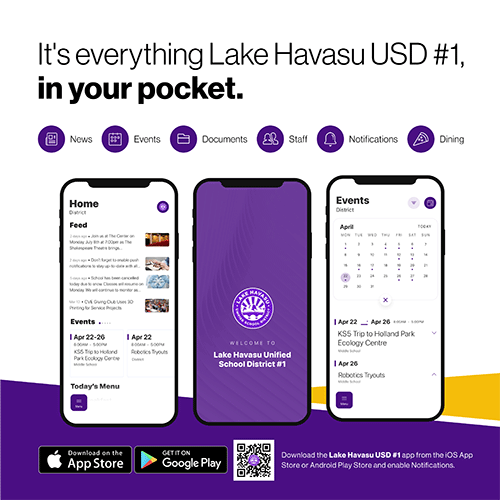 infographic for the new Lake Havasu USD #1 app with QR code to download app from phone-appropriate app store.