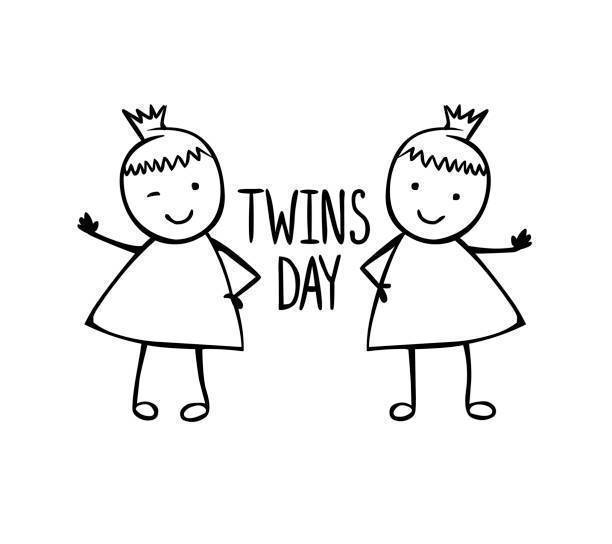 black and white line drawing of 2 girls for Twins Day