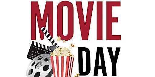 movie day banner with popcorn and movie reel