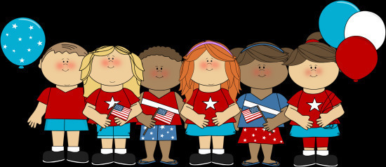 clipart of children dressed in patriotic red, white and blue with flags and balloons