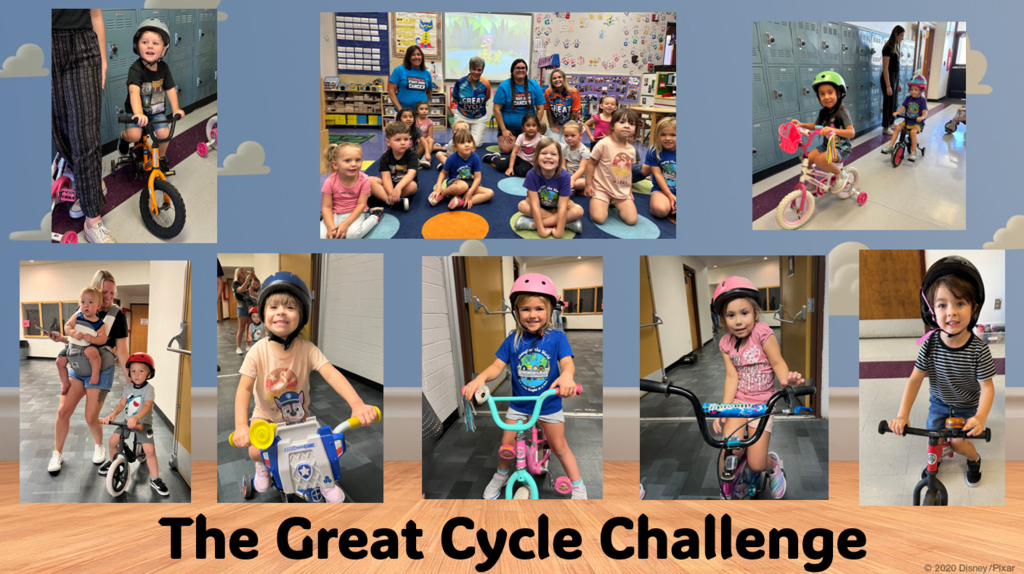 2022-2023 Great Cycle Challenge Collage of PM preschool class riding bikes to raise money for childhood cancer