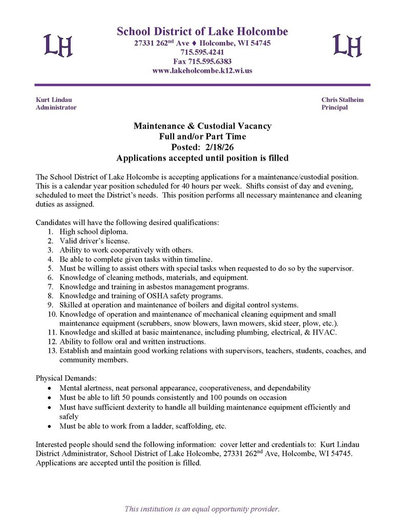 Maintenance & custodial vacancy