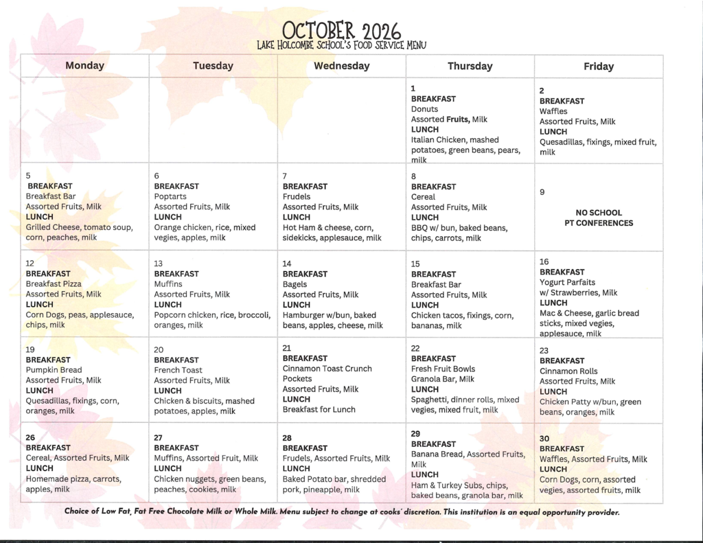 October 2026 menu