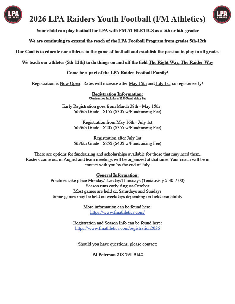 2026 LPA Raiders Youth Football  FM Athletics