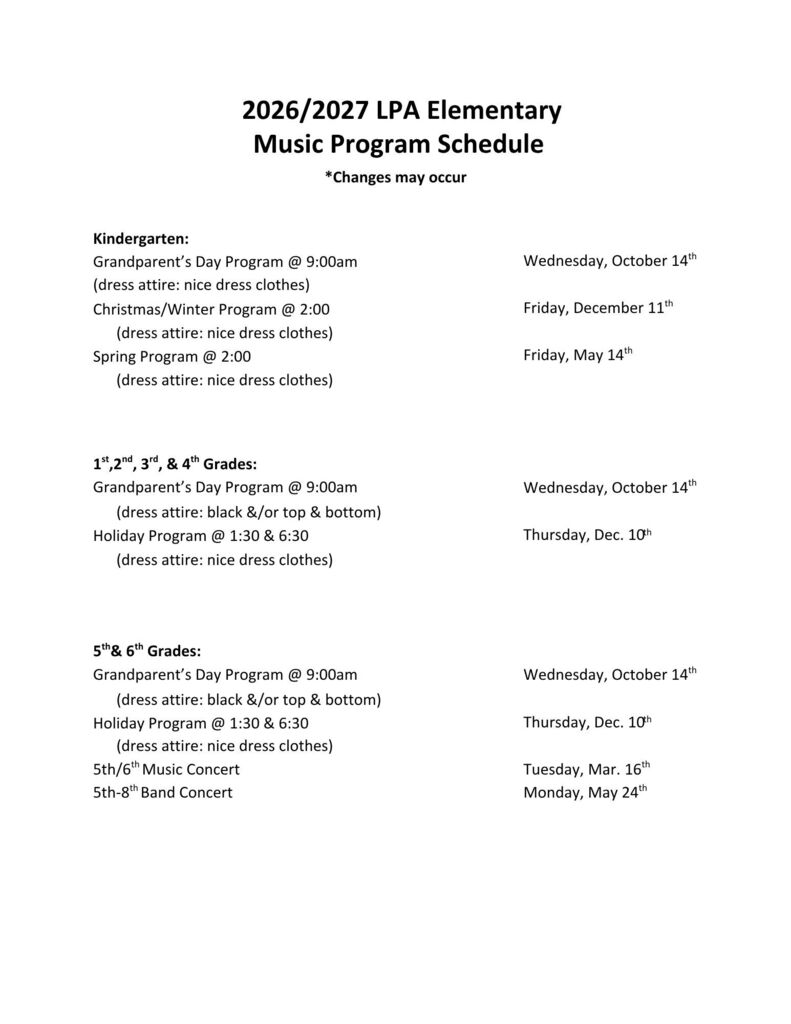 Elementary Music Program Dates & Times