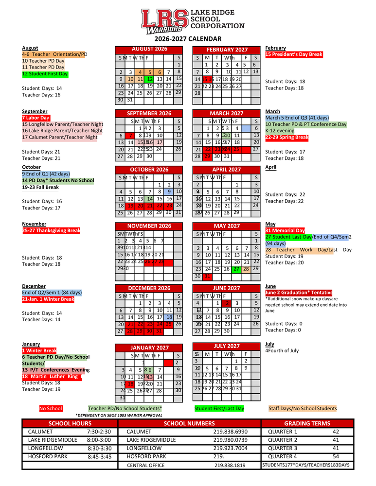 calendar school year district