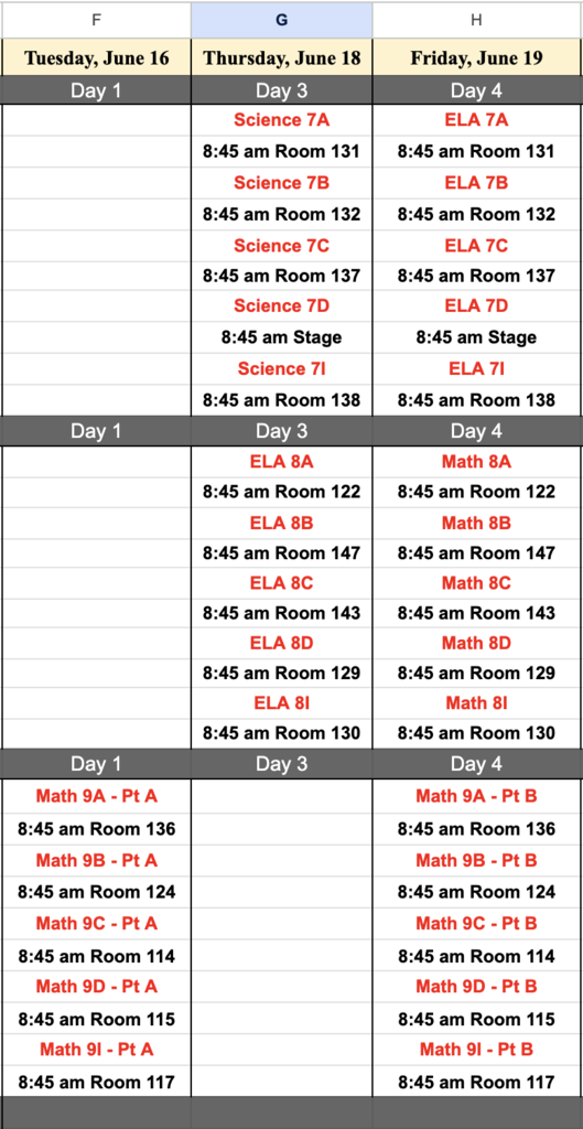 Grade 7 - 9 Exam Schedule