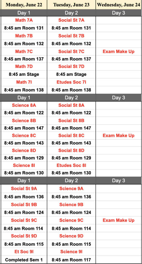 Grade 7 - 9 Exam Schedule for June 22 - 24
