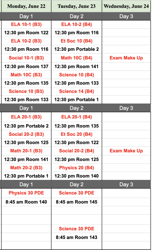 Grade 10 - 12 Exam Schedule for June 22 - 24