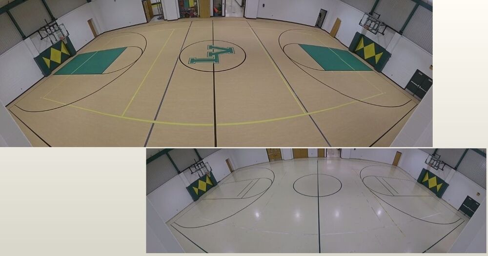 Image shows a before and after picture of the multi floor with the new tan and green rubber floor and school logo in the center.