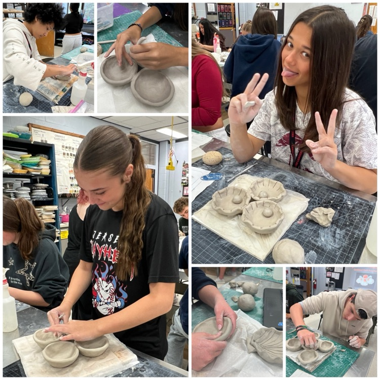 Ceramics 2 students doing a great job on their combined pinch platters.
