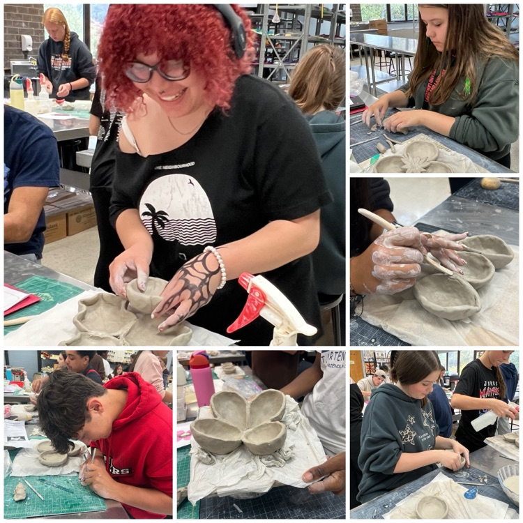 Ceramics 2 students doing a great job on their combined pinch platters.