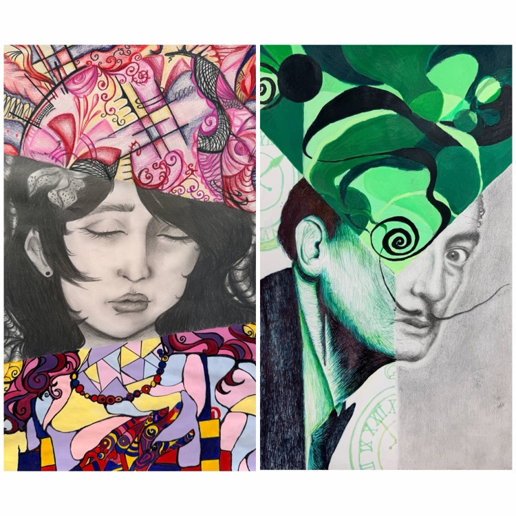 Studio Art seniors Rya Narcida & Camila Martinez Nava did an amazing job on their Tryptic project. Students had to create a composition that combined a realistic style, and abstract style, and a non-objective style.