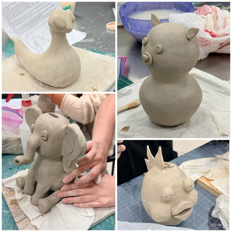 Ceramics 2 students are off to a great start with their animal piggy banks. They are using the combined pinch pot method
